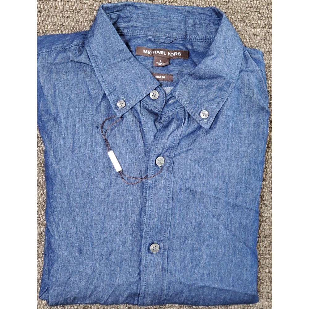 Michael Kors Men's Slim-Fit Blue Chambray Long Sleeve Button Down Shirt Size L